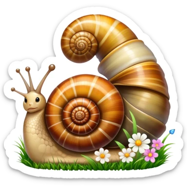 Close-up of large home snails inside a terrarium, showcasing their soft, spiral shells and glistening bodies, with a gentle light highlighting their details. With stones and grass and flowers. Transparent background. sticker