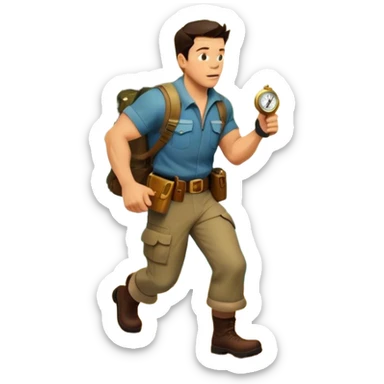 A vintage movie poster-style collage. Include action-packed elements like a treasure map, jungle scenes, a rugged explorer with a compass and a speeding jeep. Add a shadowy figure resembling close-up Mark Wahlberg in adventurous gear. Dramatic lighting, dynamic composition. Transparent background. sticker