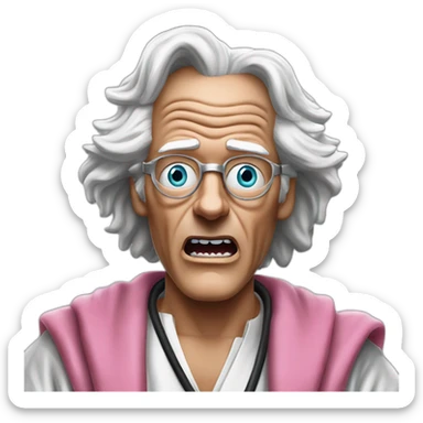 Doc brown from back to the future looking shocked and his mouth wide open. No eye-ware. Wearing a silver robe with black trim and a pink shirt with white tiez sticker