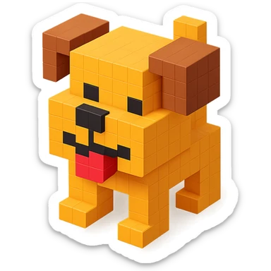 <SystemPrompt>
                <Style>
                  <Name>Voxel Emoji Art</Name>
                  <Description>A playful, isometric voxel style that mimics pixel art in 3D, commonly used for emojis, UI icons, and symbols. Rendered with bright, vibrant colors and no shadows.</Description>
                  <VisualRules>
                    <Geometry>
                      <BaseUnit>Cube</BaseUnit>
                      <GridAlignment>Isometric</GridAlignment>
                      <VoxelSize>Consistent</VoxelSize>
                    </Geometry>
                    <Color>
                      <Palette>Vivid and High Saturation</Palette>
                      <Gradient>Allowed on faces for subtle lighting</Gradient>
                    </Color>
                    <Lighting>
                      <Style>Soft studio lighting</Style>
                      <Shadows>Subtle ambient shadows</Shadows>
                    </Lighting>
                    <Detailing>
                      <Outline>None</Outline>
                      <Texture>Flat color (no texture noise)</Texture>
                      <Effects>None</Effects>
                    </Detailing>
                  </VisualRules>
                </Style>
                <Generation>
                  <PromptTemplate>
                    <![CDATA[
                      Render a voxel-style 3D illustration of a {subject}, using bright colors and blocky pixelated geometry. The object should appear playful and clean, similar to emoji aesthetics, with no shadows and no outlines. Lighting should enhance the 3D depth without harsh contrast.
                    ]]>
                  </PromptTemplate>
                </Generation>
              </SystemPrompt>
              {subject} = dog sticker