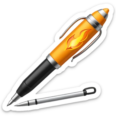 a pen, with a fire coming out of the ballpoint writing end of it sticker