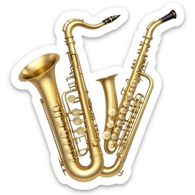 Create a professional, harmonious emoji collage symbolizing wind instruments.  The instruments should be in metallic gold, silver, and brass tones, with subtle reflections to convey a professional and polished appearance. Add soft musical notes or soundwaves to surround the instruments, creating a sense of movement and sound. The background should be transparent, ensuring all instruments are the focus and the composition remains harmonious and balanced. sticker