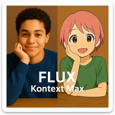 same similar image but chnage the text to "Flux Kontext Max", change people and pose too sticker
