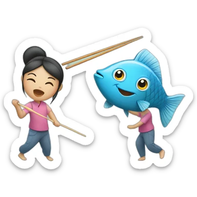 Asian girl fighting a fish with chopsticks sticker