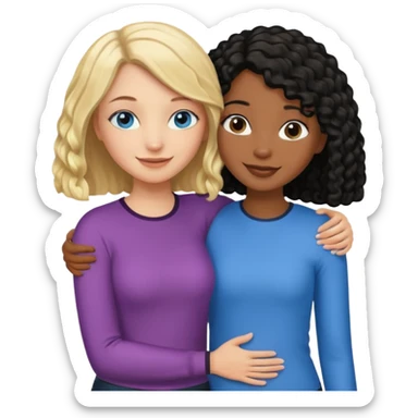 Girl best friends: one taller white girl with straight blond bob and blue eyes, one shorter black girl with long black curly hair, hugging sticker