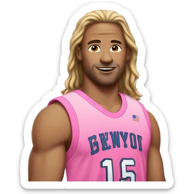 An emoji of an American man with white skin, slightly long hair, wearing a pink basketball outfit sticker
