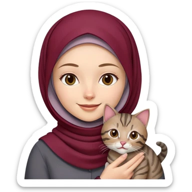 White girl wearing maroon hijab holding a black grey tabby cat while smiling sticker