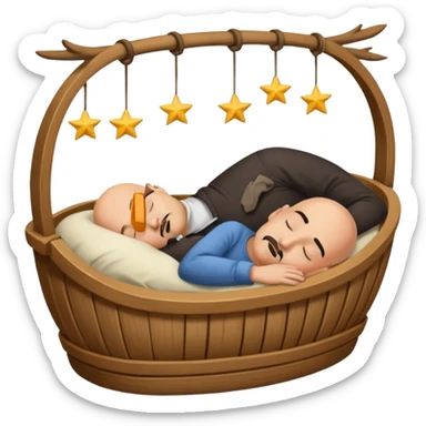 a bald, tan man who has a black goatee sleeping in a cradle sticker