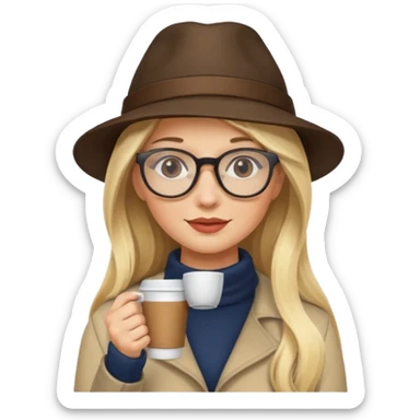 long hair blonde woman drink coffe with hat and glasses sticker