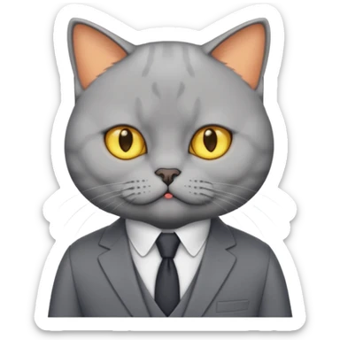 British Shorthair with yellow eyes wears gray suit attends a press conference. sticker
