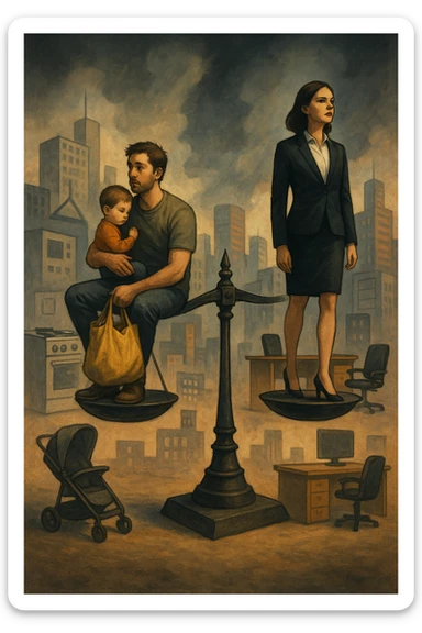 Scena metaforica: una bilancia sociale sbilanciata, con un uomo seduto da un lato con un bambino in braccio e una borsa della spesa, mentre una donna in carriera in abiti formali guarda lontano con espressione determinata. Intorno a loro, simboli confusi dei ruoli tradizionali (fornello, scrivania, passeggino, ufficio). Sullo sfondo, una città moderna e caotica. L’atmosfera è riflessiva, non giudicante. Luci contrastate, come a simboleggiare tensione culturale. in italiano sticker