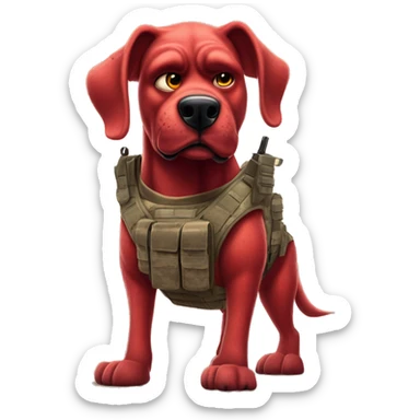 Desert storm humanoid Clifford the big red dog muscled with tattoos on arms book illustration as a military call of duty character standing alone sticker