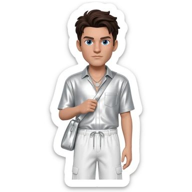 Preston Lacy with blue eyes, dark brown hair, white metallic shirt, white metallic baggy pants, silver necklace sticker