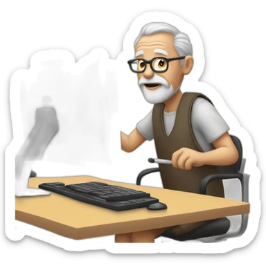 old man with a cane stands at a computer desk sticker