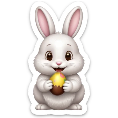 Cute Easter bunny happily eating a chocolate egg sticker