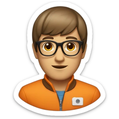 a man with a bowl cut brown squar glasses, a orange jacket sticker