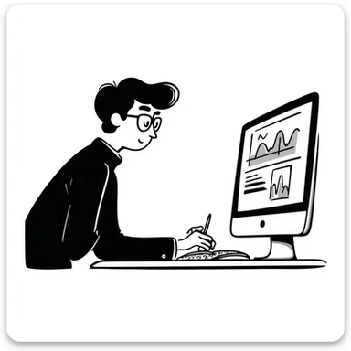 man wearing glasses and looking at data, hand drawn doodle style sticker