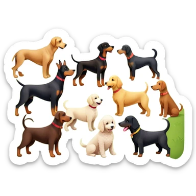 Collage of various dog breeds like Doberman, Poodle, Dachshund, and Golden Retriever, playing in a park with trees and grass. Some dogs run, others sit, all are full of energy and happiness. A joyful, colorful scene with playful expressions. Transparent background. sticker