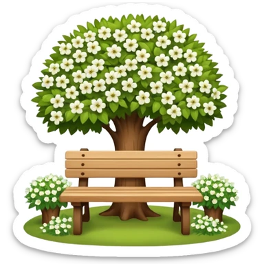 beautiful bench against the background of a tree with blooming white flowers sticker