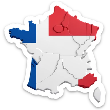 3D illustration of the map of France with the French flag overlay, vivid and bright flag colors sticker