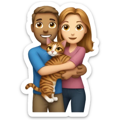 A man hugs a brown-haired woman and a bengal cat sticker