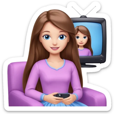 beautiful barbie girl with long brown hair, blue eyes and wearing light purple clothes watching tv sticker