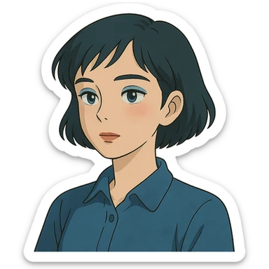 profile picture of a 22-year-old girl with short hair, cool tone makeup, blue shirt, ghibli style sticker