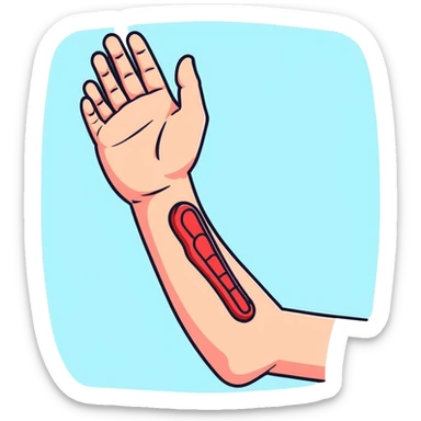 Forearm with allergy skin prick test showing red reaction bumps, 5 fingers visible at the wrist, medical procedure sticker