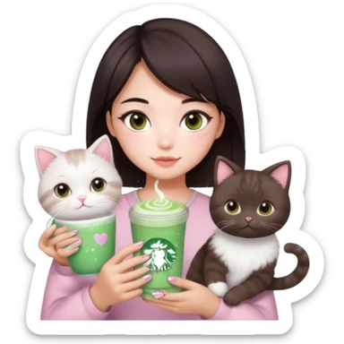 asian girl with short dark brown hair and dark brown eyes with a soft girl pink glowup aesthetic. matcha latte sparkles girly things, 2 ragdoll cat sticker