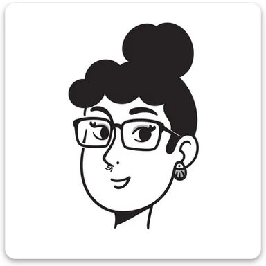 23-year-old girl with square thin glasses, brown curly hair in a high bun, big eyes and lashes, small nose and mouth, thin hoop nose piercing sticker