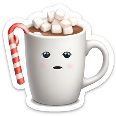 a white mug with hot cocoa that has marshmallows and a candy cane sticker