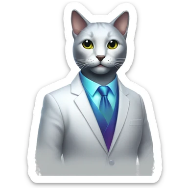Dark iridescent cat wearing white business suit glowing sticker