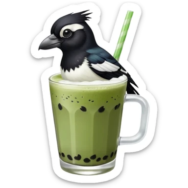  ONE Australien Magpie (just black and white feathers) sitting on an iced matcha latte on the edge of the glass. magpie has green matcha on its beak. matxha latte is in a see through glass and white from the oat milk on the bottom and green without seeds on top… one straw & ice cubes sticker