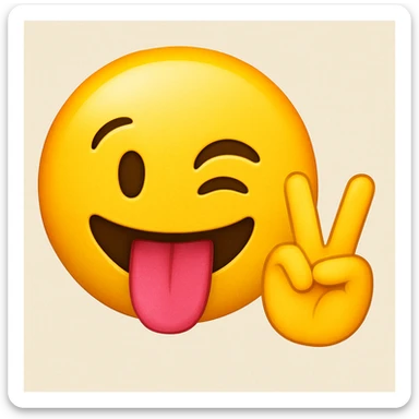 Yellow face iPhone emoji, tongue sticking out, putting up a peace sign sticker