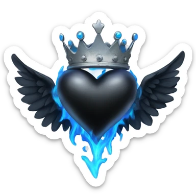 Black colored heart with wings and blue flames and a silver crown sticker