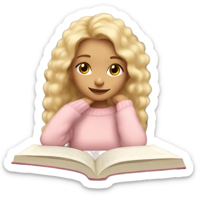 Girl with longe blonde hair wearing a fuzzy light pink sweater dreaming about books sticker
