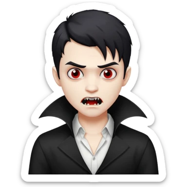 vampire boy, black edgar cut hair, white shirt, creepy expression sticker