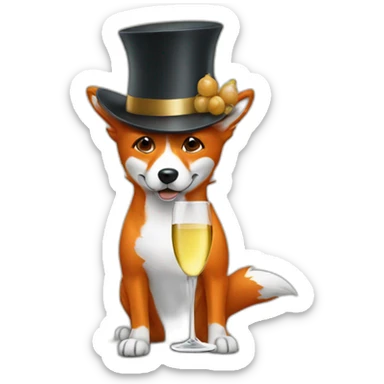 Dog looking like Fox drinking white wine wearing high hat sticker