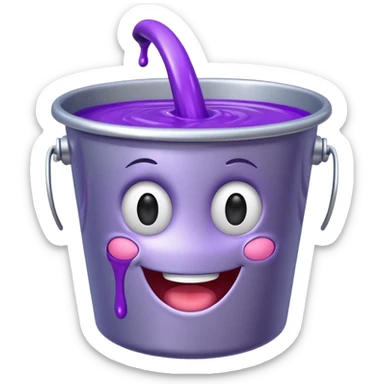 cartoon silver bucket with purple goo, happy face only on the slime, plain bucket with no face or features sticker