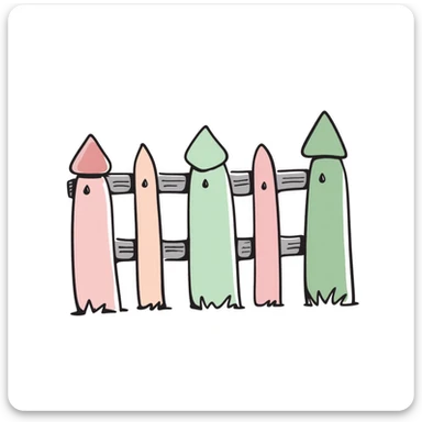 A wooden garden fence with decorative posts in pastel colors (dd9fb0, ffc6d3, a3bfc9, c4bee2, f1b091), hand-drawn doodle style sticker