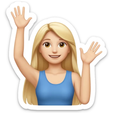 I want a white female animated gif emoji with long straight blonde hair putting hands up in the air. Wearing a tight no sleeve top  sticker