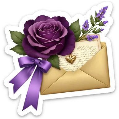 Beneath the soft light of a silver crescent moon, a bundle of handwritten letters lies wrapped in a velvety plum ribbon, adorned with a delicate sprig of lavender and a scattering of bruised violet pansies. A faded mauve rose and a deep purple peony, their petals gently curling at the edges, rest beside an ornate heart-shaped trinket, whispering tales of love lost and found. Golden stars twinkle faintly, reflecting off the wax-sealed envelopes, as if they, too, are enchanted by the lingering emotions woven into each word. sticker