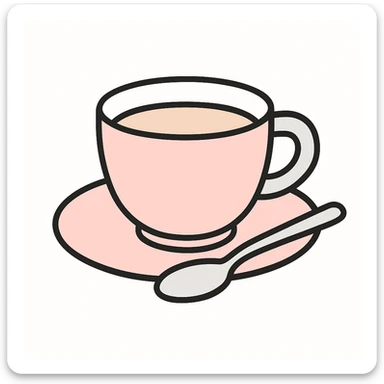 A pink and gray flat illustration of a coffee cup on a saucer with a spoon. sticker