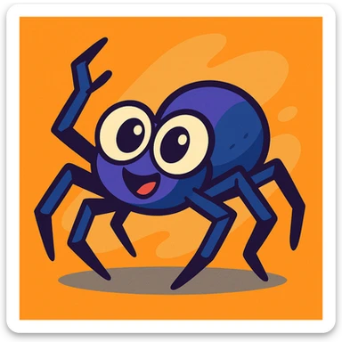 animated style spider with big eyes and dynamic pose on an orange-gray background sticker