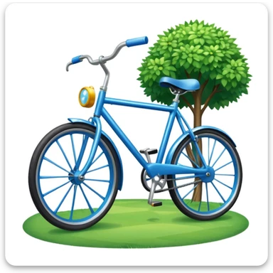 blue bicycle emoji in front of a sunny park with green grass, playful and bright sticker