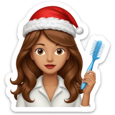 mujer peinandose en la peluqueria y con un gorro de navidad, cabello largo café y ondulado sticker