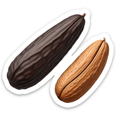 single or small cluster of Tonka beans with wrinkled, elongated almond-like shapes, deep brown to black color, textured slightly glossy surface with visible ridges and curved natural form, soft lighting, subtle shadows, emoji scale sticker