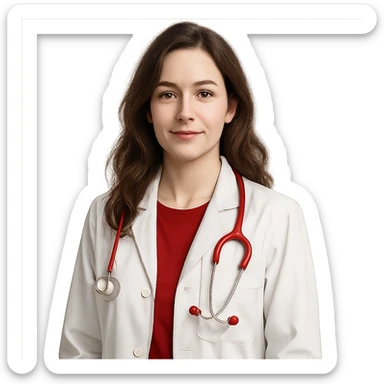 white-skinned female doctor with long wavy brown hair, wearing a white coat, red shirt underneath, red stethoscope around neck, simple realistic style sticker