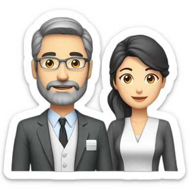 husband preacher middle age dark gray hair trimmed beard business suit, with wife asian age 55 dark hair nurse uniform sticker