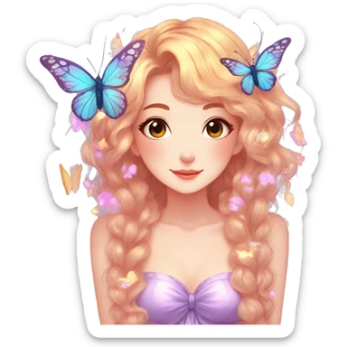 gorgeous shiny anime lady with butterflies and beautiful hair fairycore cottagecore high quality detailed sticker